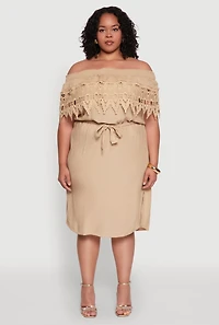 Womens Plus Size Crochet Overlay Off The Shoulder Dress, Beige, Size 3X