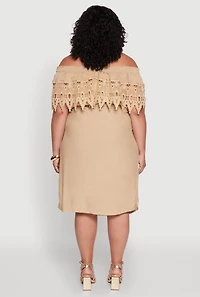 Womens Plus Size Crochet Overlay Off The Shoulder Dress, Beige, Size 3X