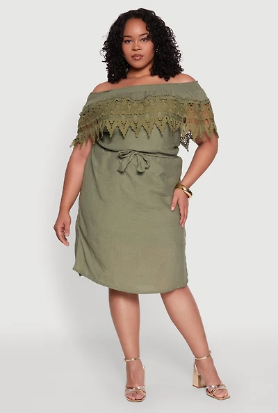 Womens Plus Size Crochet Overlay Off The Shoulder Dress, Green, Size 2X