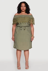 Womens Plus Size Crochet Overlay Off The Shoulder Dress, Green, Size 2X