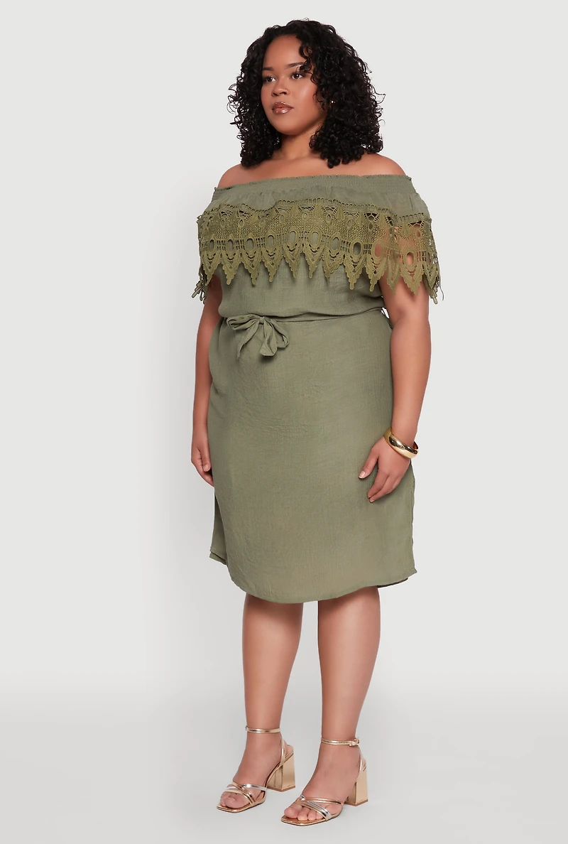 Womens Plus Size Crochet Overlay Off The Shoulder Dress, Green, Size 2X