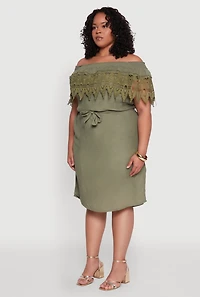 Womens Plus Size Crochet Overlay Off The Shoulder Dress, Green, Size 2X