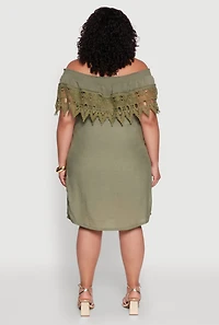Womens Plus Size Crochet Overlay Off The Shoulder Dress, Green, Size 2X