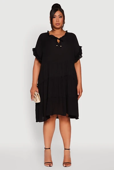 Womens Plus Size Beaded Keyhole Tiered Midi Dress, Black, Size 3X