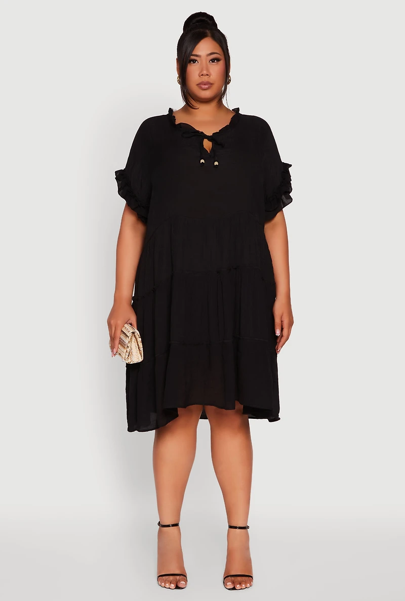 Womens Plus Size Beaded Keyhole Tiered Midi Dress, Black, Size 3X
