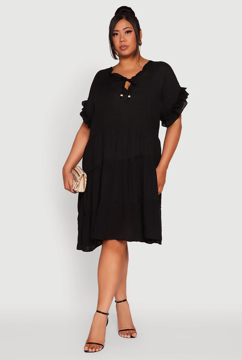 Womens Plus Size Beaded Keyhole Tiered Midi Dress, Black, Size 3X