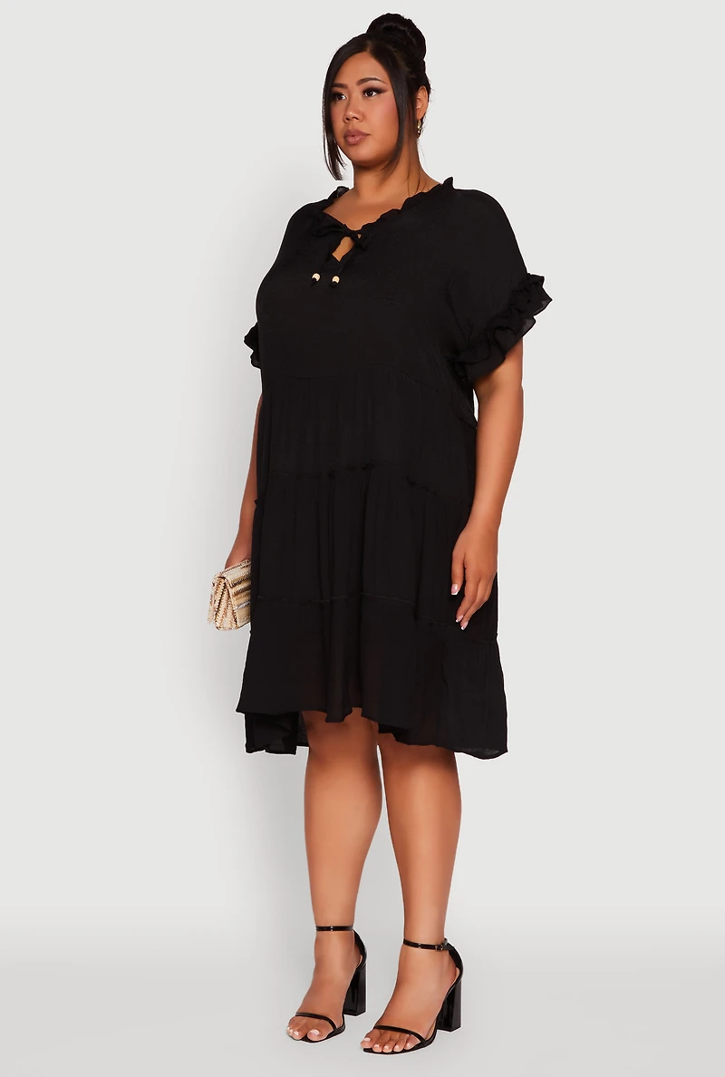 Womens Plus Size Beaded Keyhole Tiered Midi Dress, Black, Size 3X