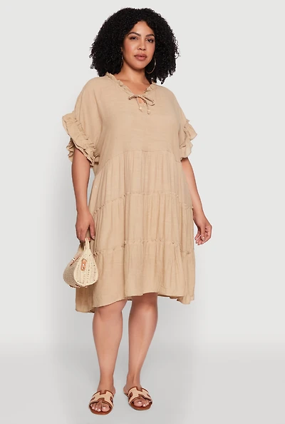 Womens Plus Size Beaded Keyhole Tiered Midi Dress, Beige, Size 2X