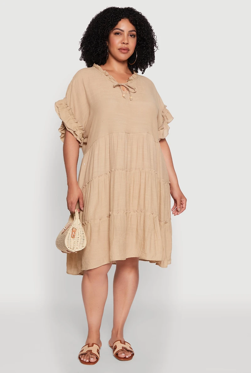 Womens Plus Size Beaded Keyhole Tiered Midi Dress, Beige, Size 2X