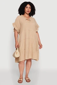 Womens Plus Size Beaded Keyhole Tiered Midi Dress, Beige, Size 2X