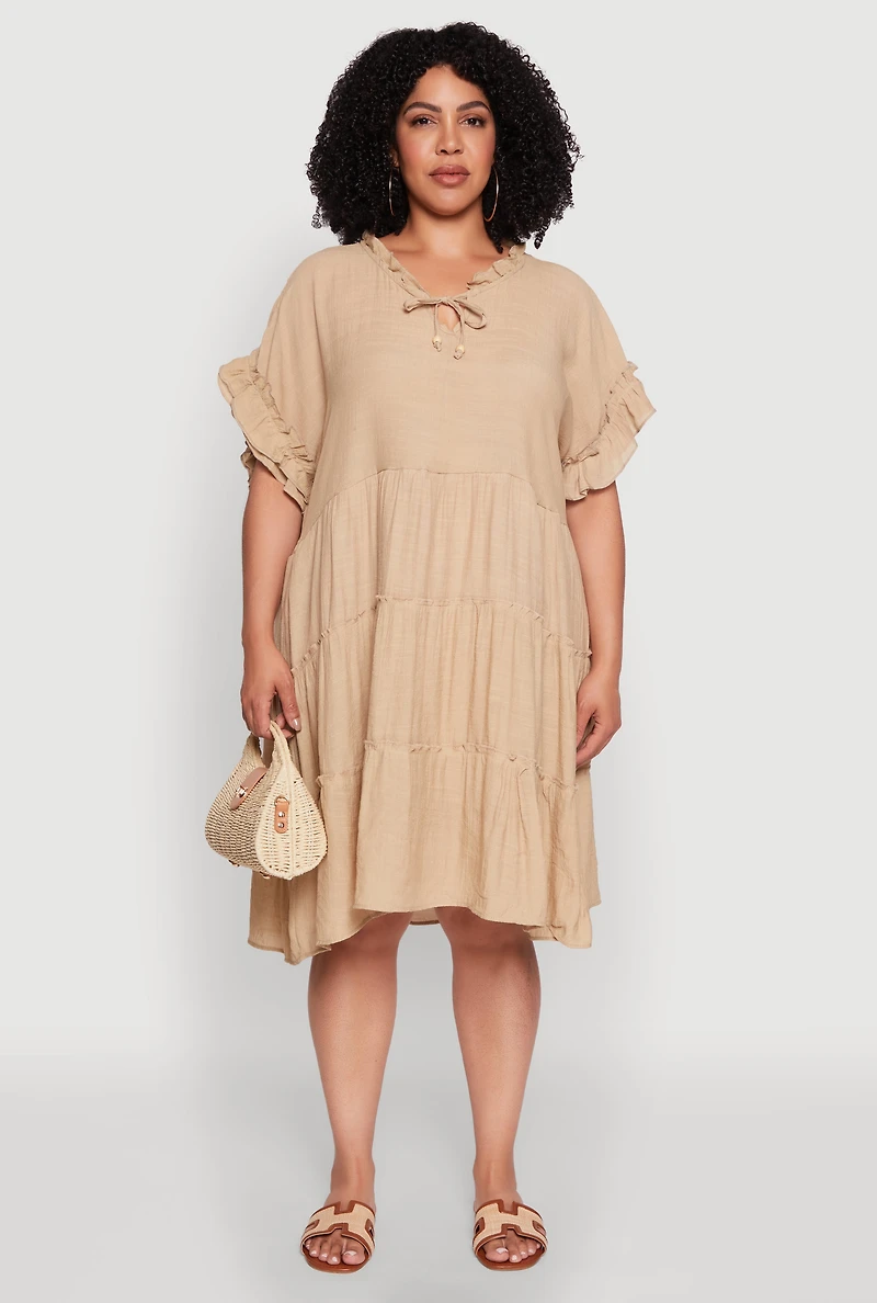 Womens Plus Size Beaded Keyhole Tiered Midi Dress, Beige, Size 2X
