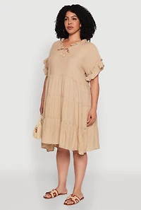 Womens Plus Size Beaded Keyhole Tiered Midi Dress, Beige, Size 2X