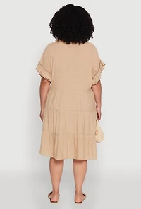 Womens Plus Size Beaded Keyhole Tiered Midi Dress, Beige, Size 2X