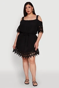 Womens Plus Chic Crochet Detail Gauze Knit Cold Shoulder Dress,