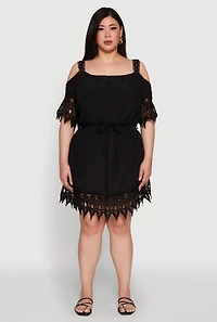 Womens Plus Chic Crochet Detail Gauze Knit Cold Shoulder Dress,
