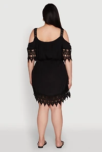Womens Plus Chic Crochet Detail Gauze Knit Cold Shoulder Dress,