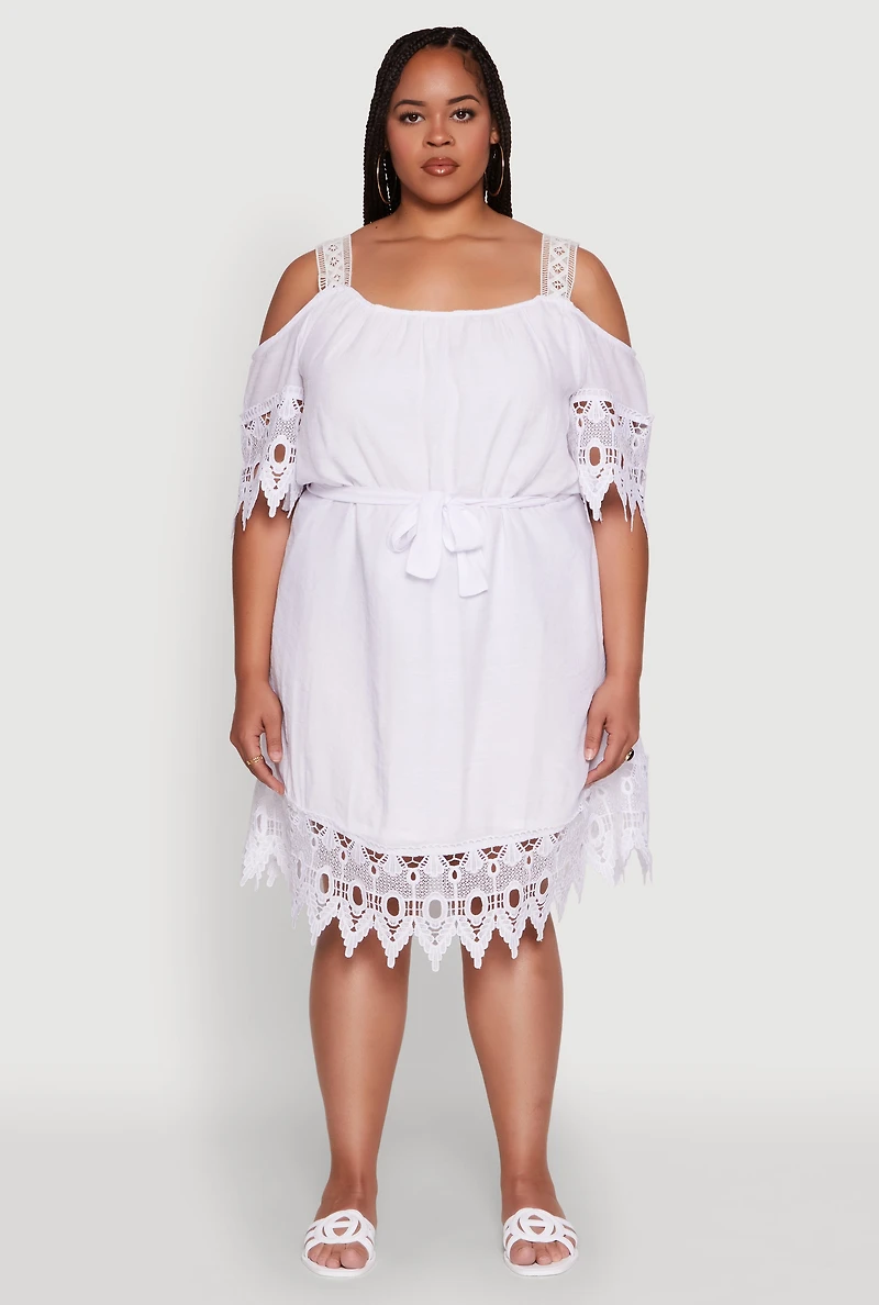 Womens Plus Size Chic Crochet Detail Gauze Knit Cold Shoulder Dress, White, Size 3X