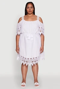 Womens Plus Size Chic Crochet Detail Gauze Knit Cold Shoulder Dress, White, Size 3X