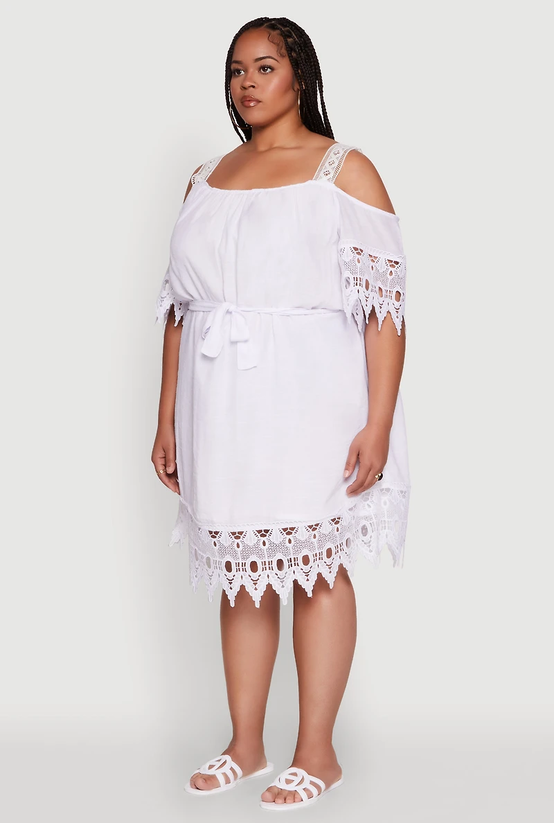 Womens Plus Size Chic Crochet Detail Gauze Knit Cold Shoulder Dress, White, Size 3X