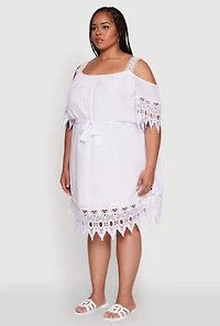 Womens Plus Size Chic Crochet Detail Gauze Knit Cold Shoulder Dress, White, Size 3X