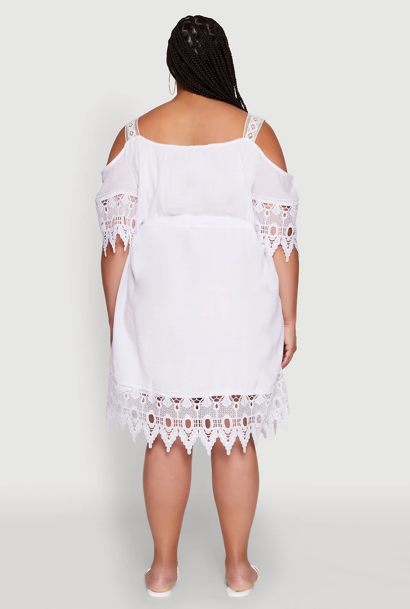 Womens Plus Size Chic Crochet Detail Gauze Knit Cold Shoulder Dress, White, Size 3X
