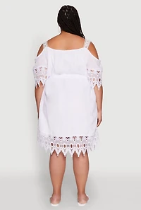 Womens Plus Size Chic Crochet Detail Gauze Knit Cold Shoulder Dress, White, Size 3X