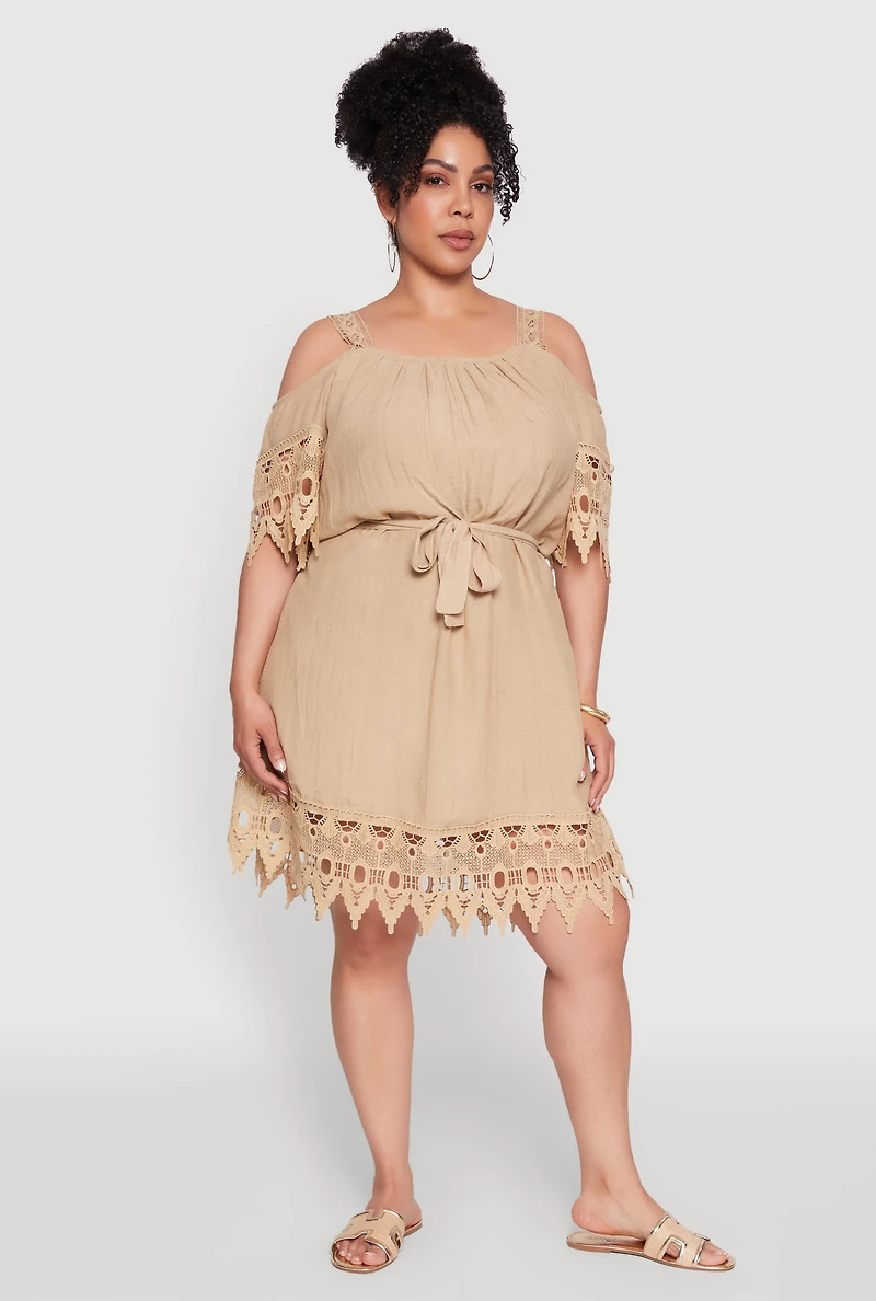 Plus Chic Crochet Detail Gauze Knit Cold Shoulder Dress