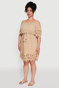 Womens Plus Size Chic Crochet Detail Gauze Knit Cold Shoulder Dress, Beige, Size 1X
