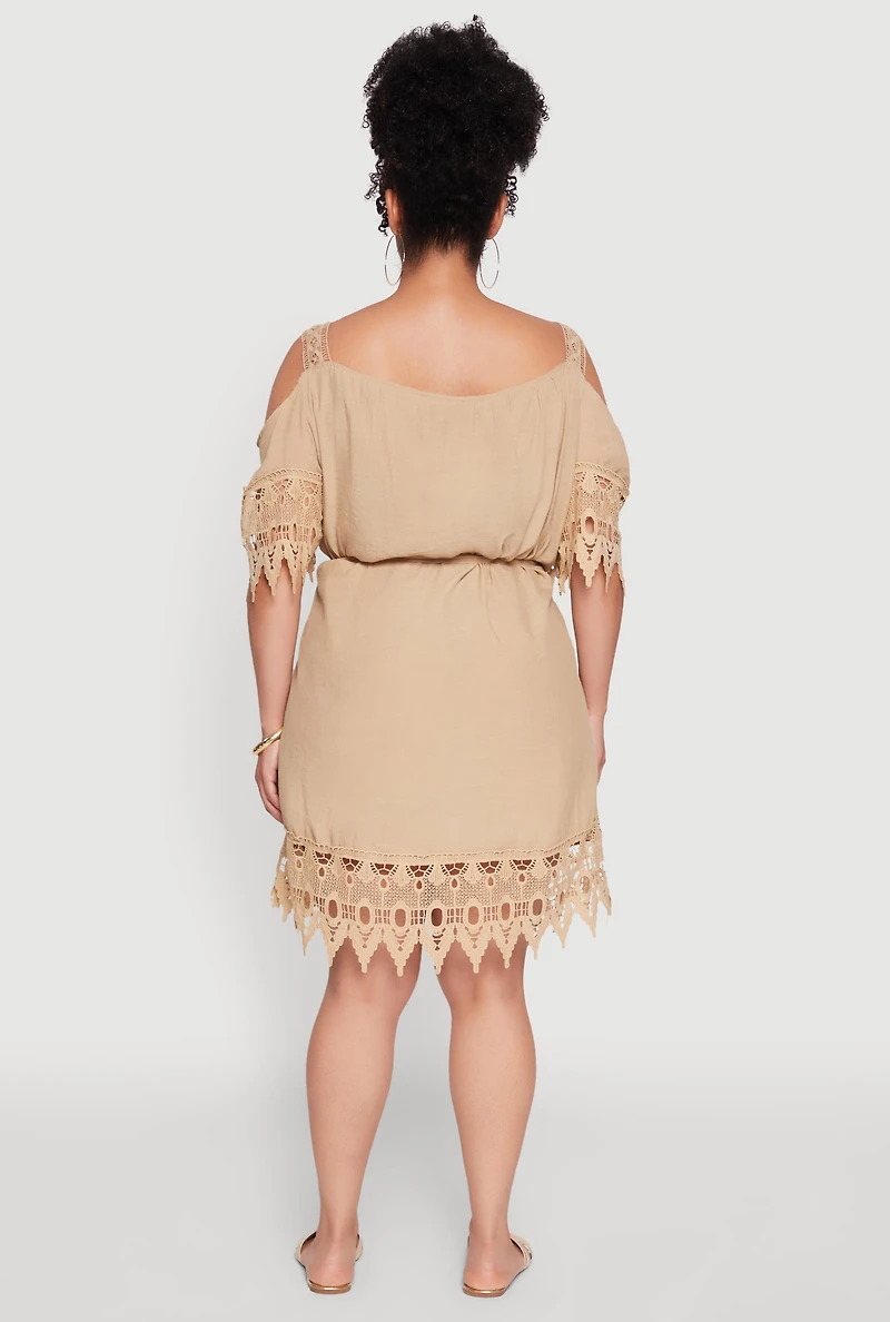 Womens Plus Size Chic Crochet Detail Gauze Knit Cold Shoulder Dress, Beige, Size 1X