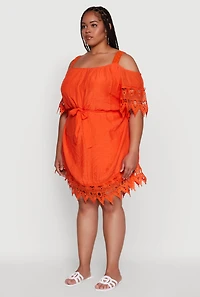 Womens Plus Size Chic Crochet Detail Gauze Knit Cold Shoulder Dress, Orange, Size 3X