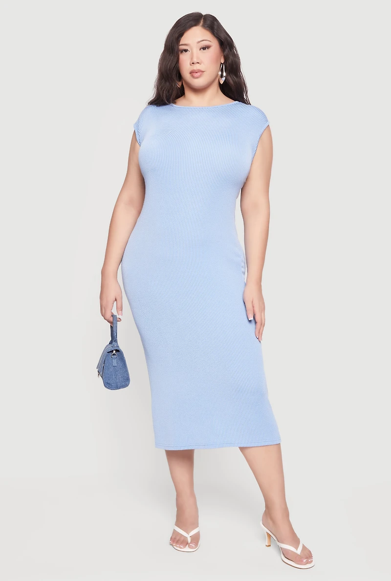 Plus Ribbed Knit High Neck Midi Dress