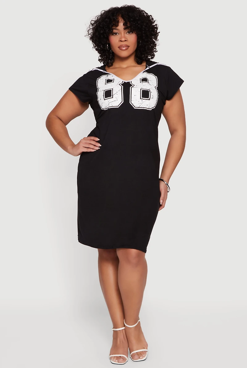 Plus 88 Graphic V Neck Hooded T Shirt Dress