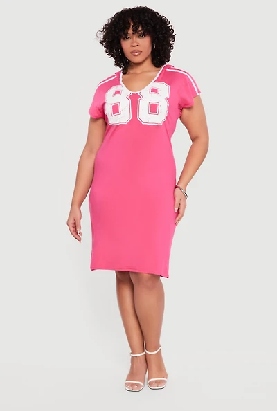Plus 88 Graphic V Neck Hooded T Shirt Dress