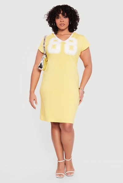 Plus 88 Graphic V Neck Hooded T Shirt Dress