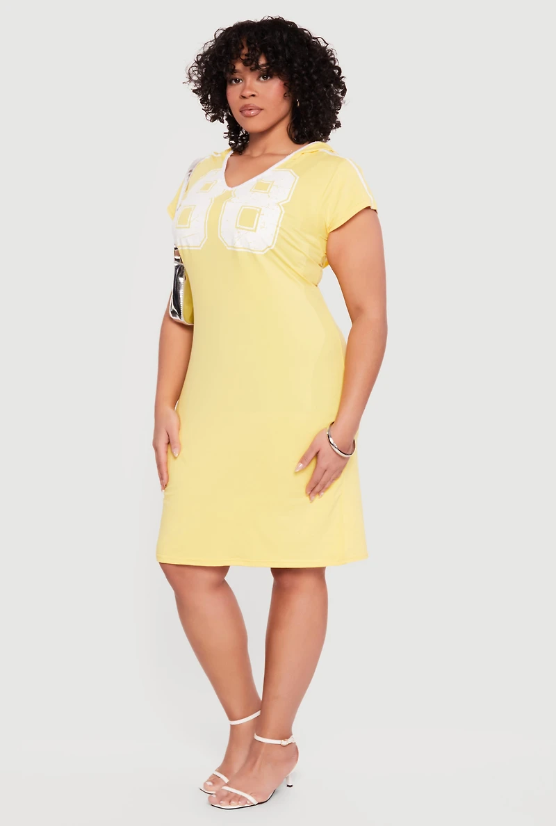 Plus 88 Graphic V Neck Hooded T Shirt Dress