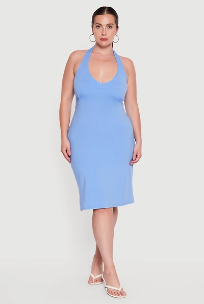 Plus Tie Waist Back Detail Midi Halter Dress