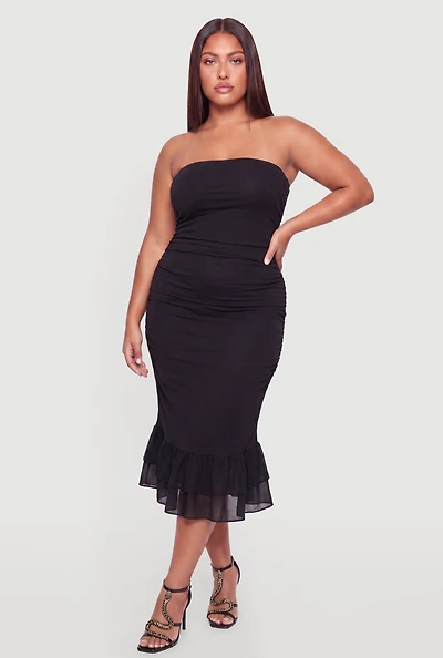 Plus Ruffle Hem Side Ruched Tube Dress