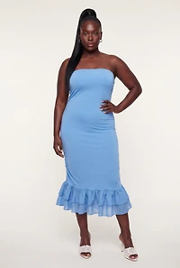 Plus Ruffle Hem Side Ruched Tube Dress