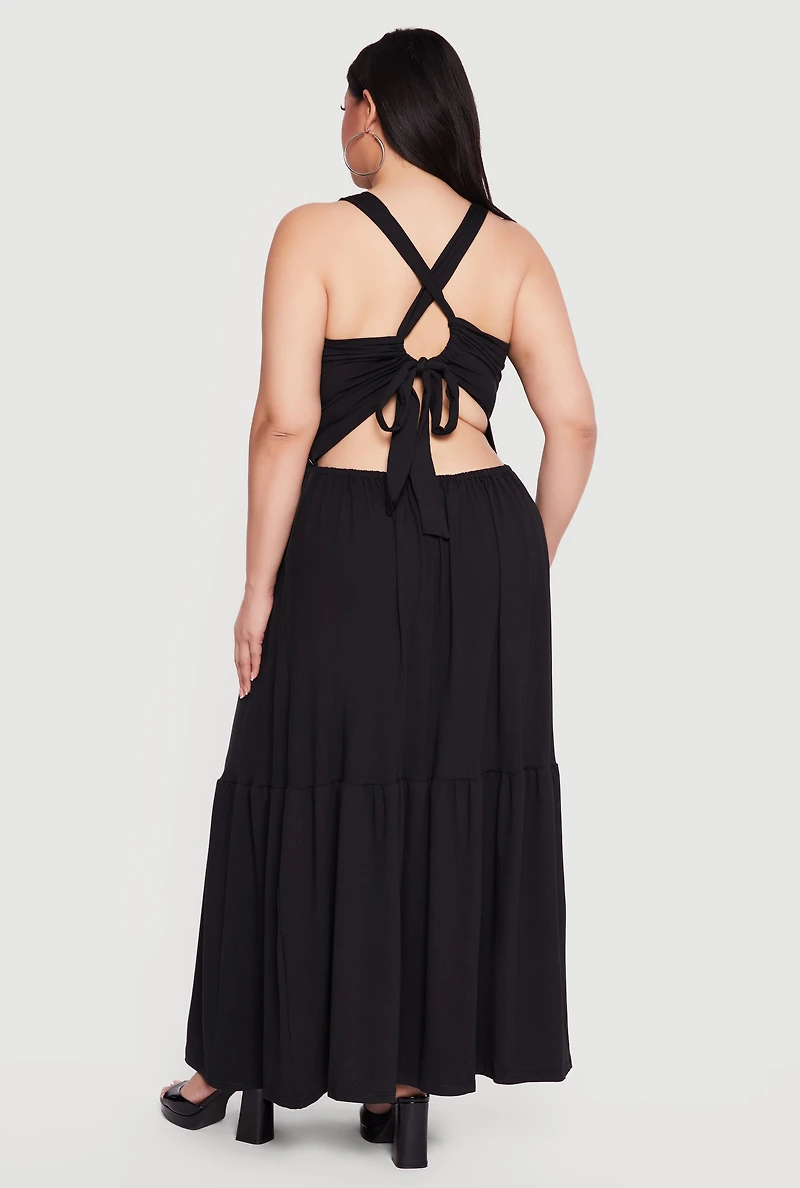 Plus Lace Up Back Tiered Maxi Dress