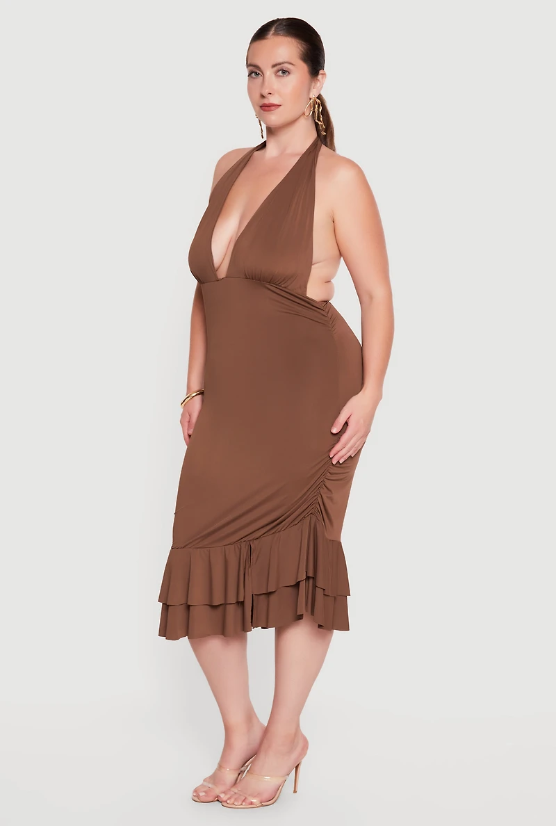 Plus Tiered Ruffle Hem Side Ruched Halter Dress