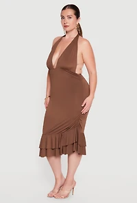 Plus Tiered Ruffle Hem Side Ruched Halter Dress