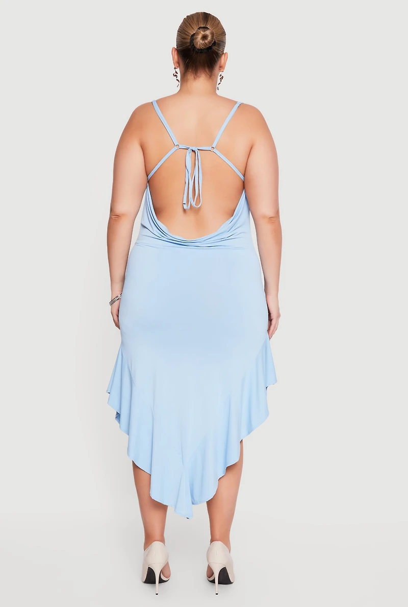 Plus Cowl Neck Ruffle Hem Dress with Cross Back Straps