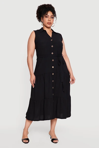 Plus Crepe Knit Sleeveless Tiered Shirt Dress