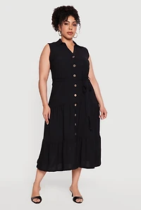 Plus Crepe Knit Sleeveless Tiered Shirt Dress