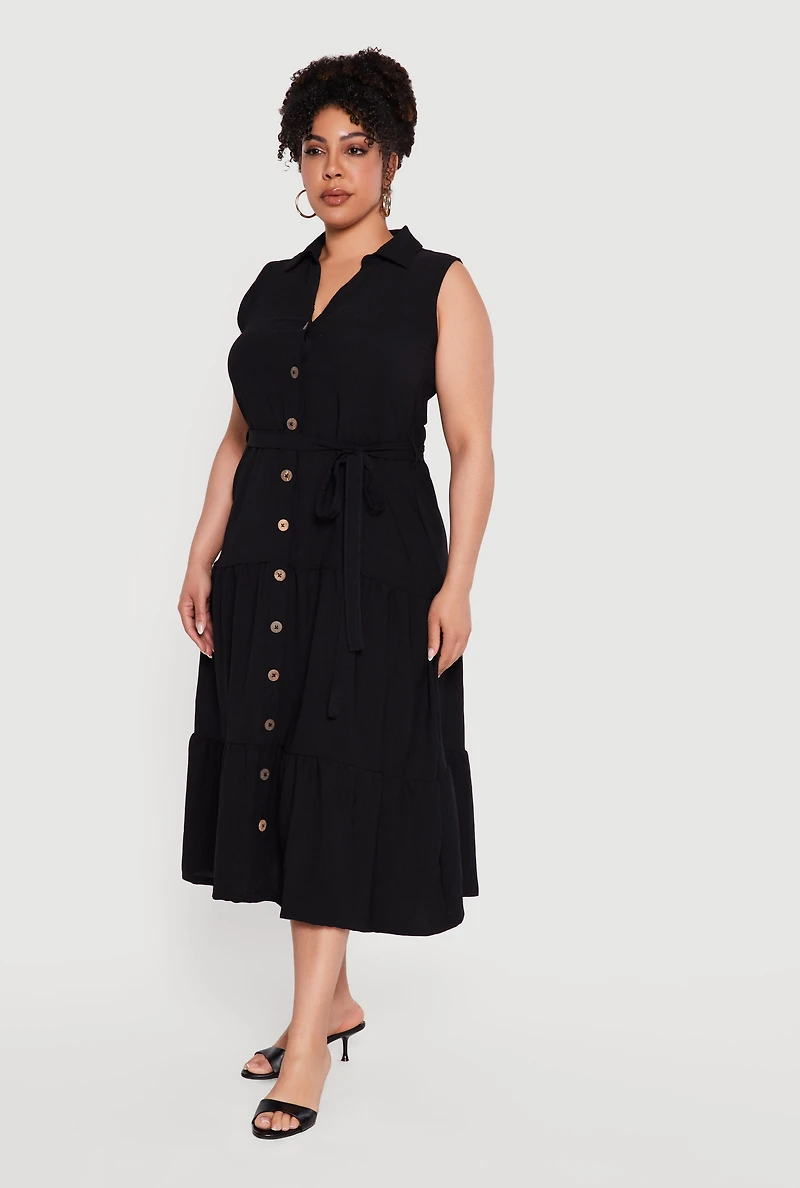 Plus Crepe Knit Sleeveless Tiered Shirt Dress