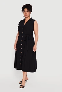 Plus Crepe Knit Sleeveless Tiered Shirt Dress