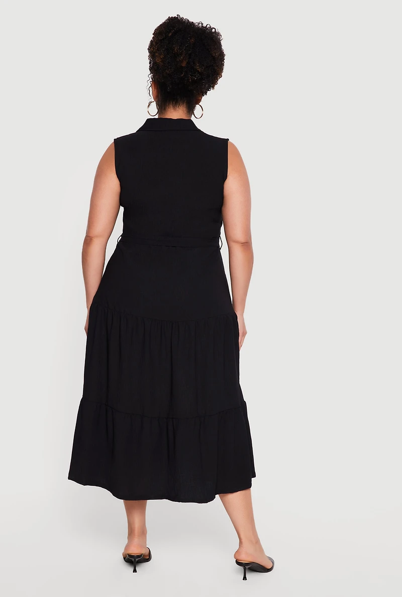 Plus Crepe Knit Sleeveless Tiered Shirt Dress