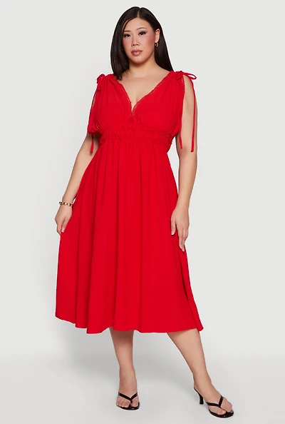 Plus Applique Trim Drawstring Shoulder Midi Dress