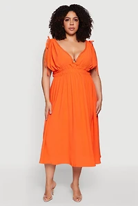 Plus Applique Trim Drawstring Shoulder Midi Dress