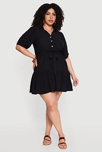 Plus Puff Sleeve Tiered Mini Dress with Tie Waist Belt